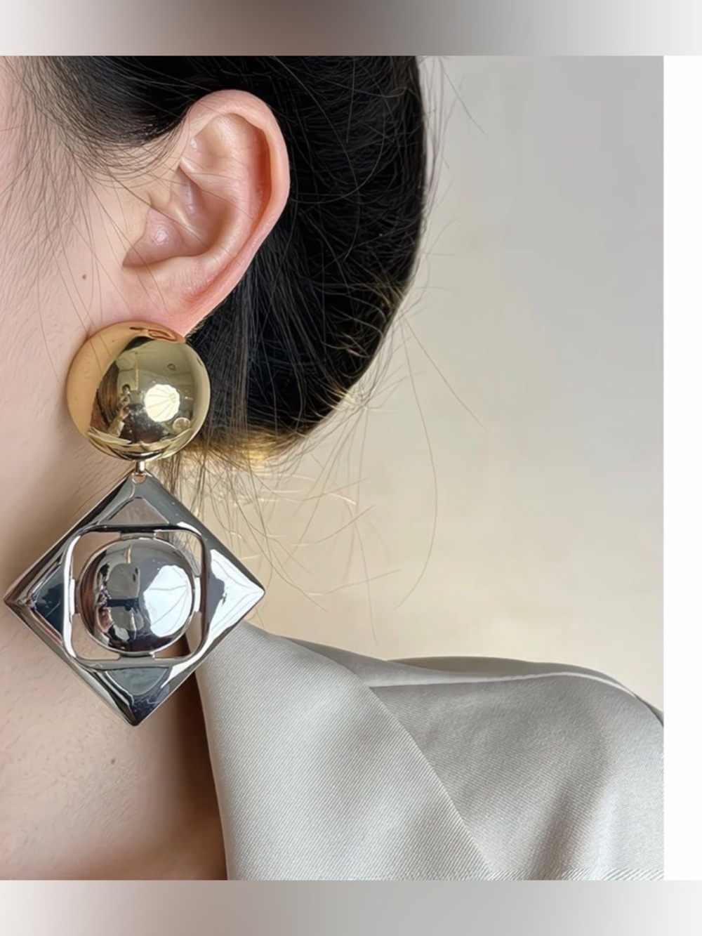Zara Gold and Silver Orb-and-Square Drop Earrings